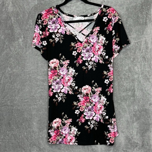 Just Be XL Shirt Top Black Pink Floral Short Sleeve Criss Cross V Neck Stretch - Picture 1 of 6
